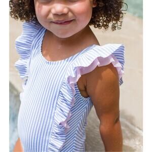 RuffleButts Blue & White Seersucker Waterfall One Piece Swimsuit Size 10